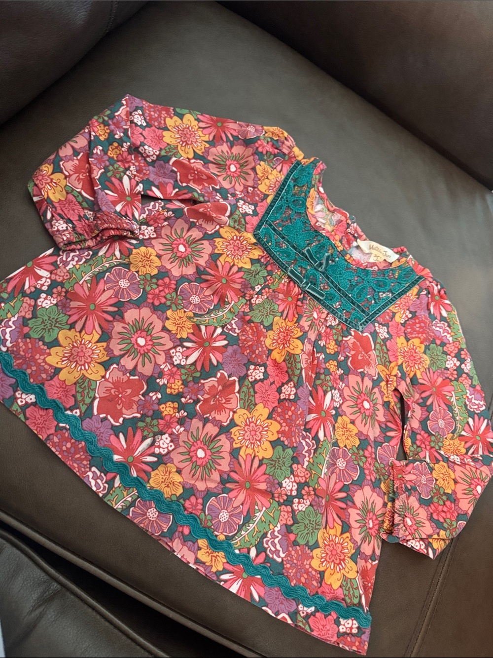 Matilda Jane Pink Multi Floral Peasant Top with Teal Yoke